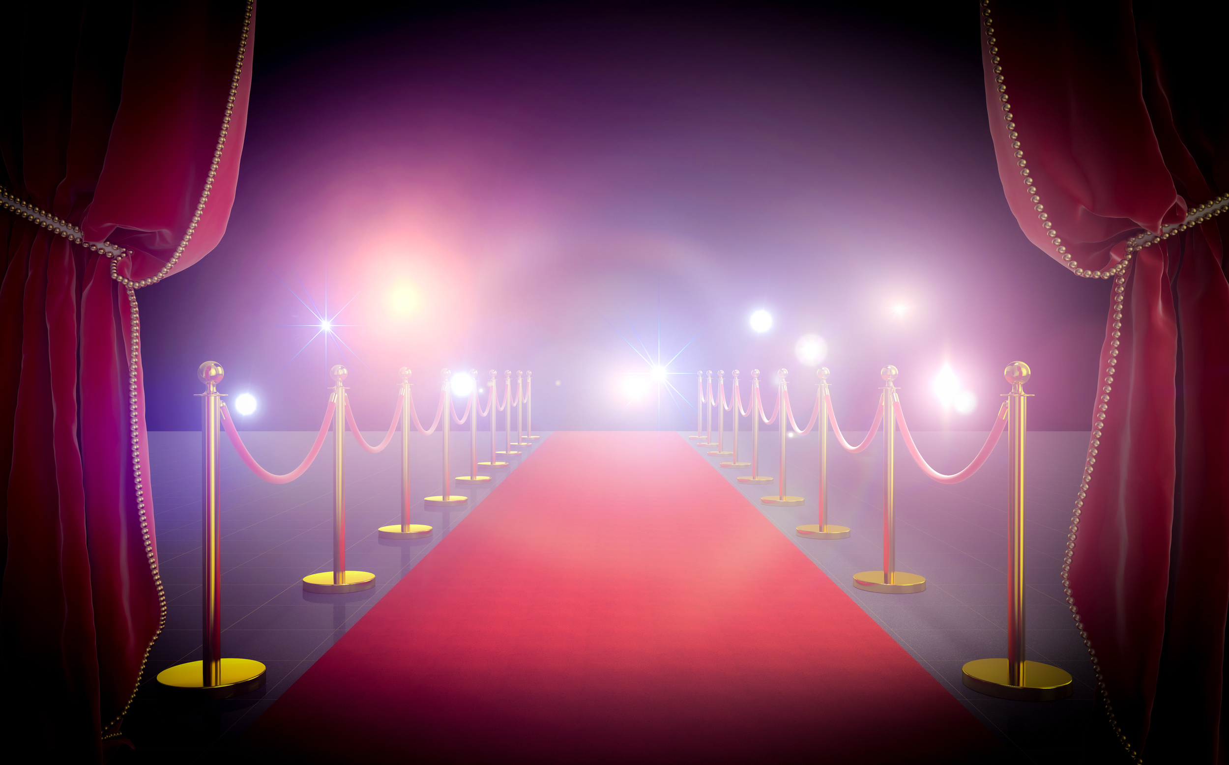 Red Carpet with Corded Barriers Satin Curtains and Flashes on Th